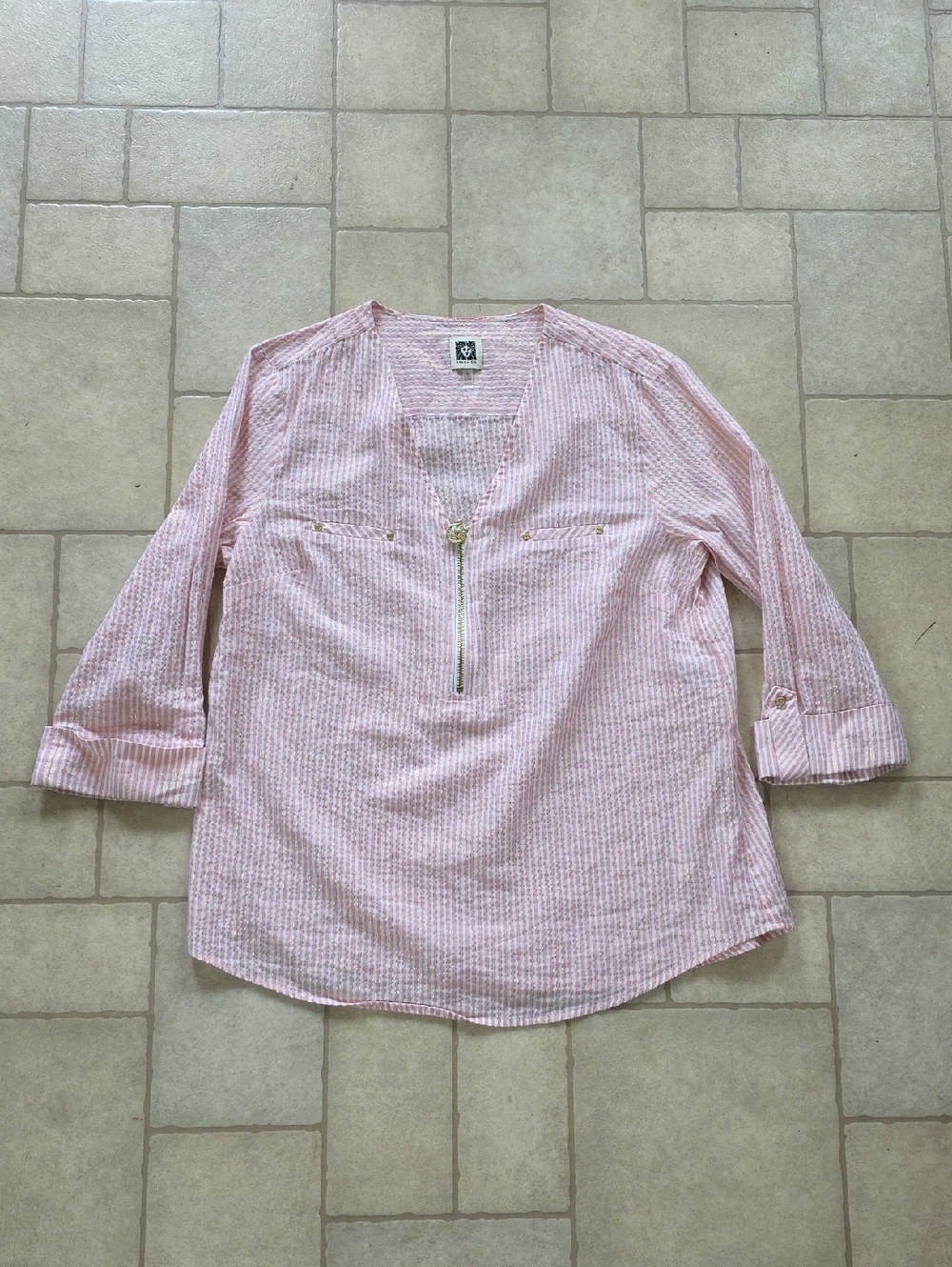 Light Pink Striped Zip-Front Tunic Top